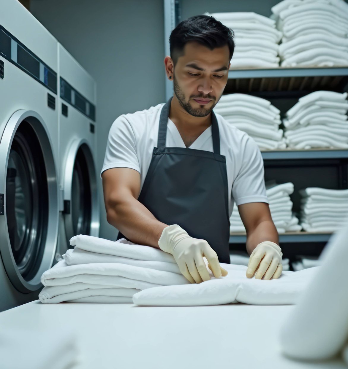 Worker in apron folding white linens at commercial laundry facility with washers