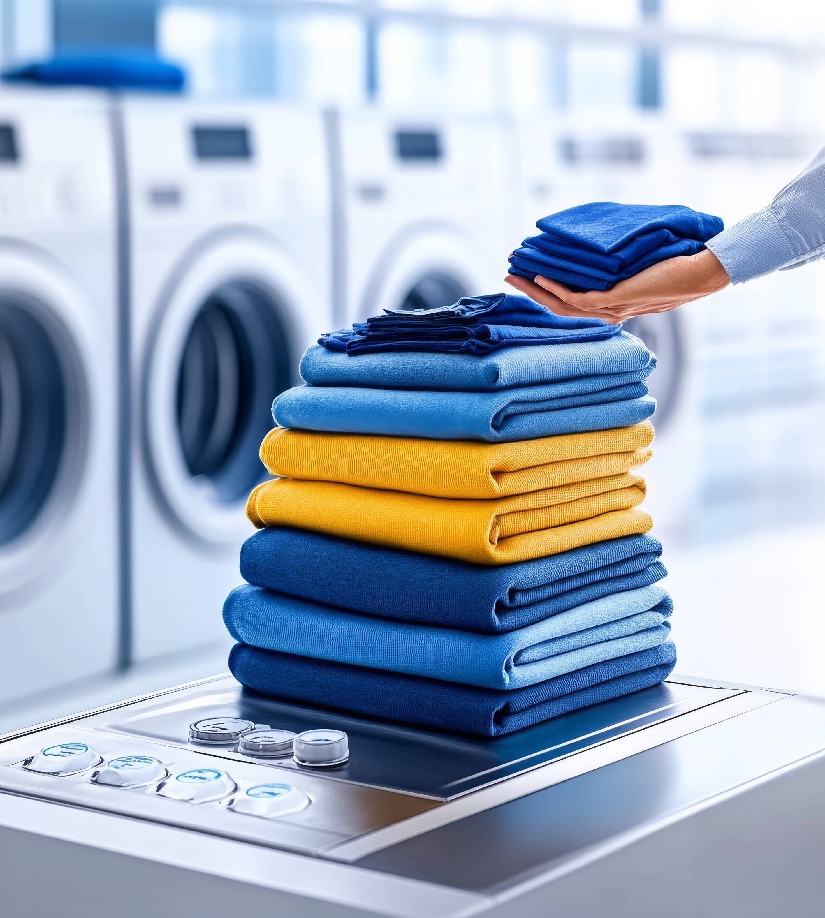 hand stacking colorful folded clothes on laundry machine