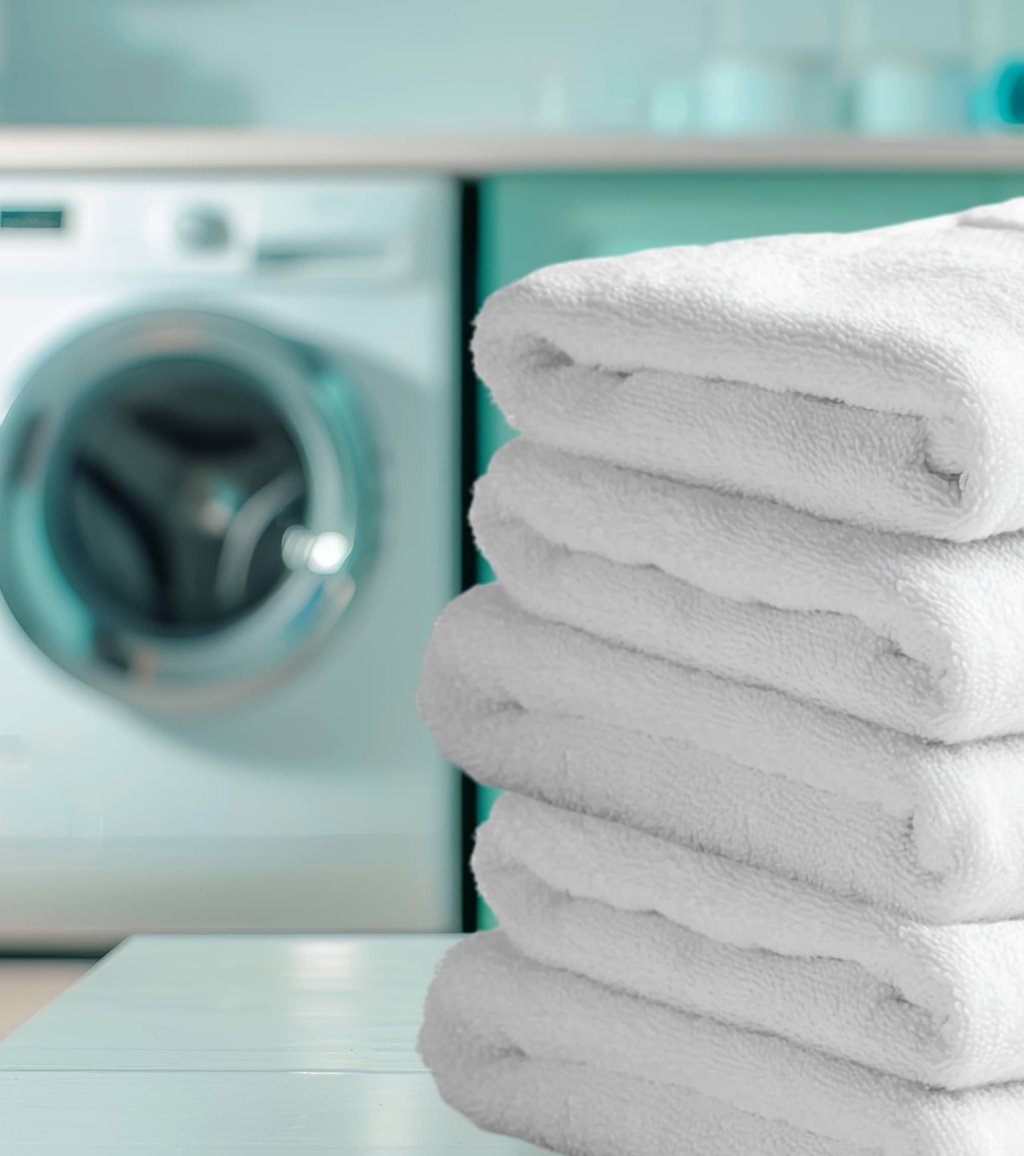 Stack of fresh white towels beside washing machine in modern turquoise laundry room